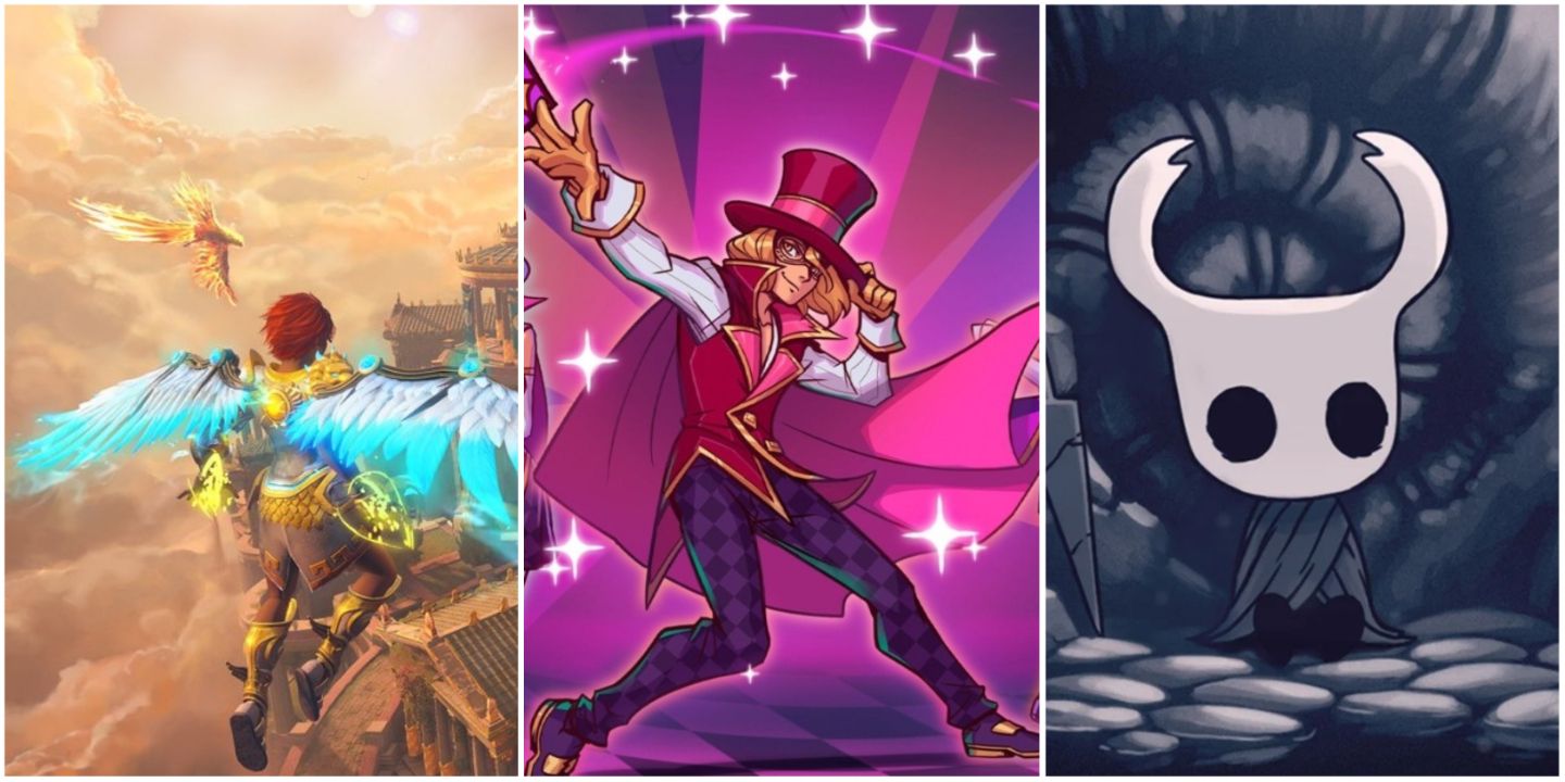 A split image showing Fenyx in Immortals: Fenyx Rising, Ace in Dandy Ace, and the Knight in Hollow Knight