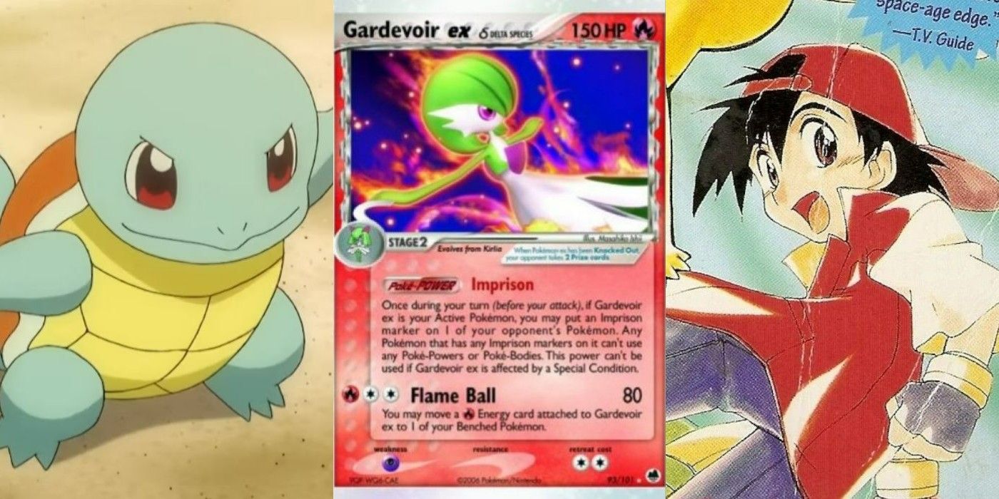 A split image of Squirtle, of a Pokémon trading card, and of Ash from Pokémon