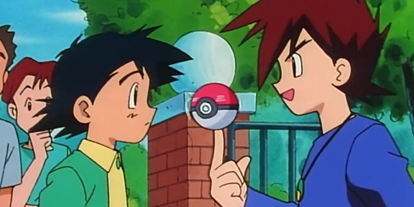 Gary Oak taunting Ash Ketchum with a pokeball in Pokemon.