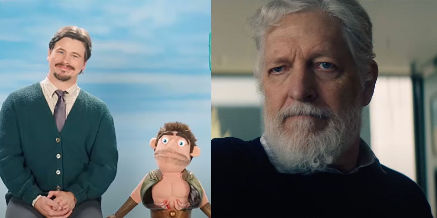 Split image of Jason Ritter with a Deep puppet and Clancy Brown.