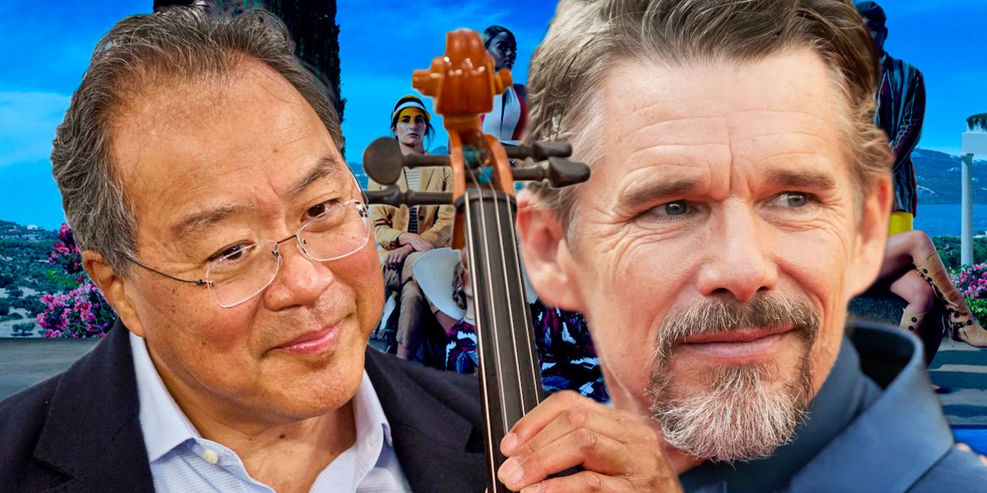 An image of Yo-Yo Ma and Ethan Hawke on top of the Glass Onion poster