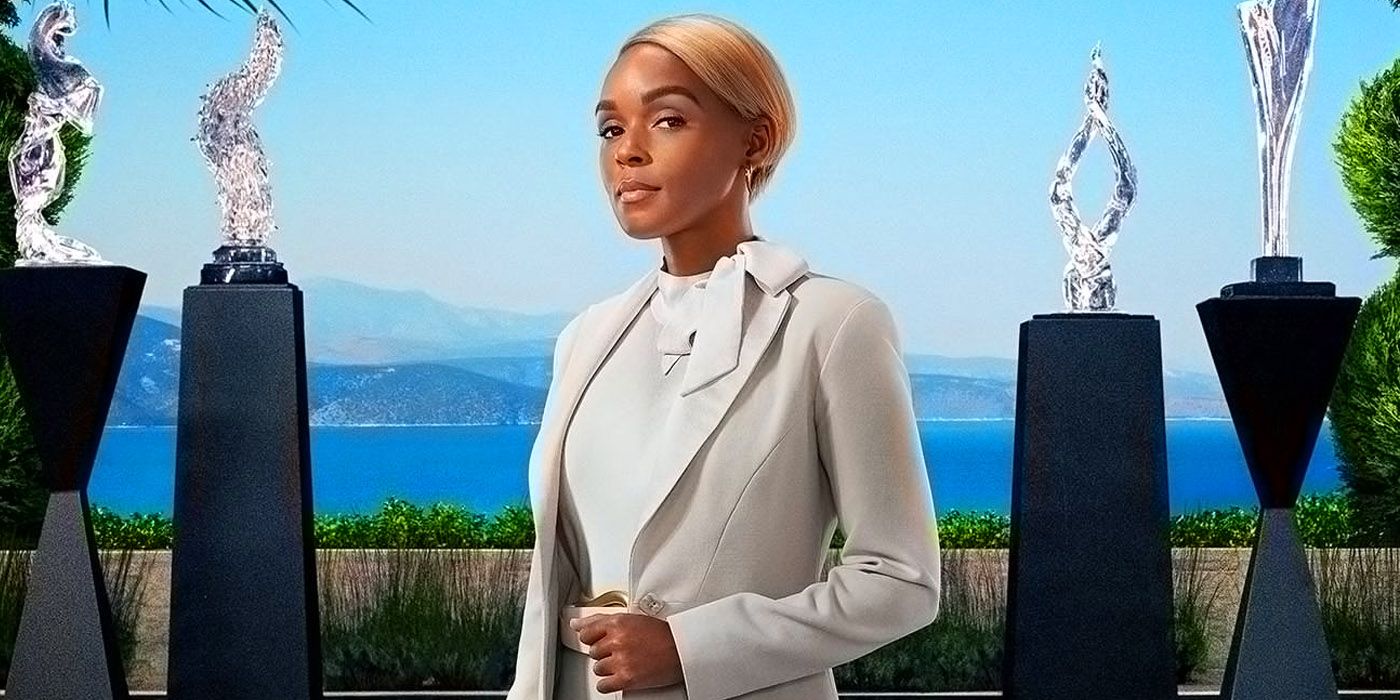 Janelle Monae's character wears a white suit on a poster for Glass Onion: A Knives Out Mystery.