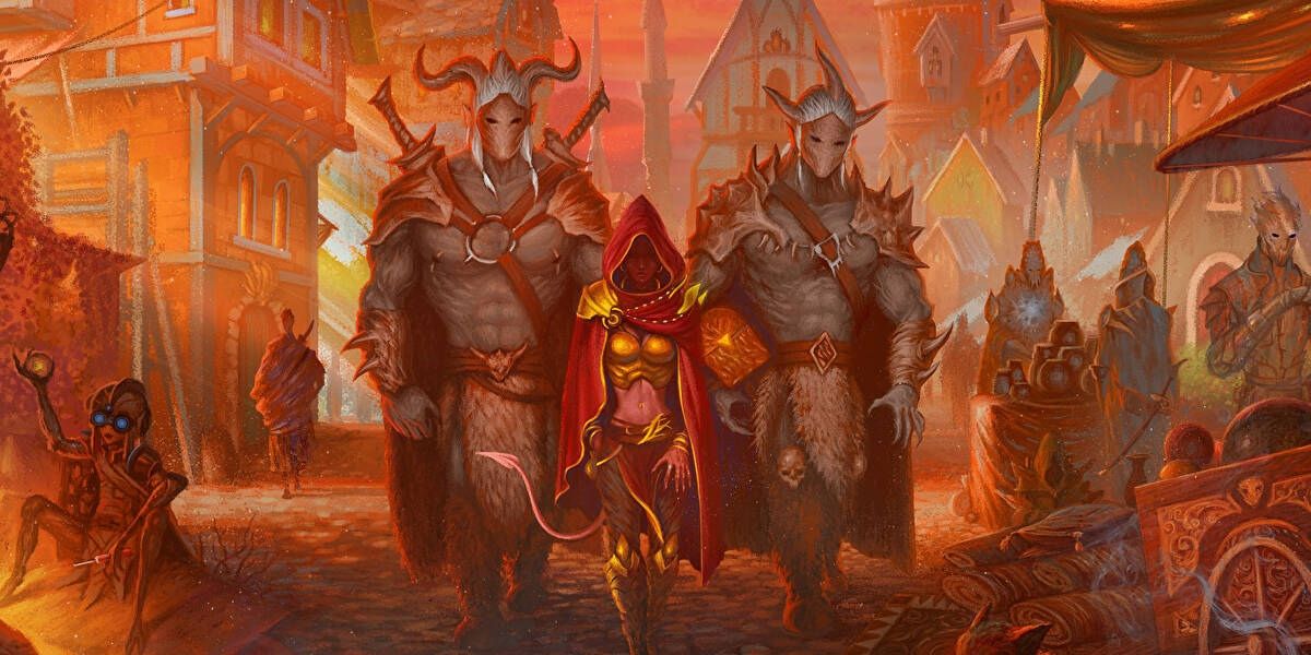 The cover art for Gloomhaven board game; fantasy characters walk through a market with red lighting.
