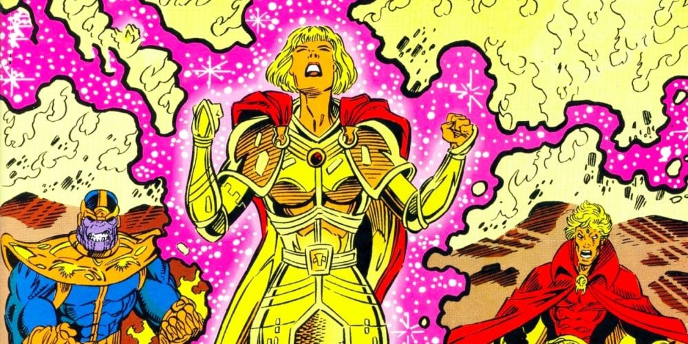 The goddess is surrounded by Adam Warlock and Thanos