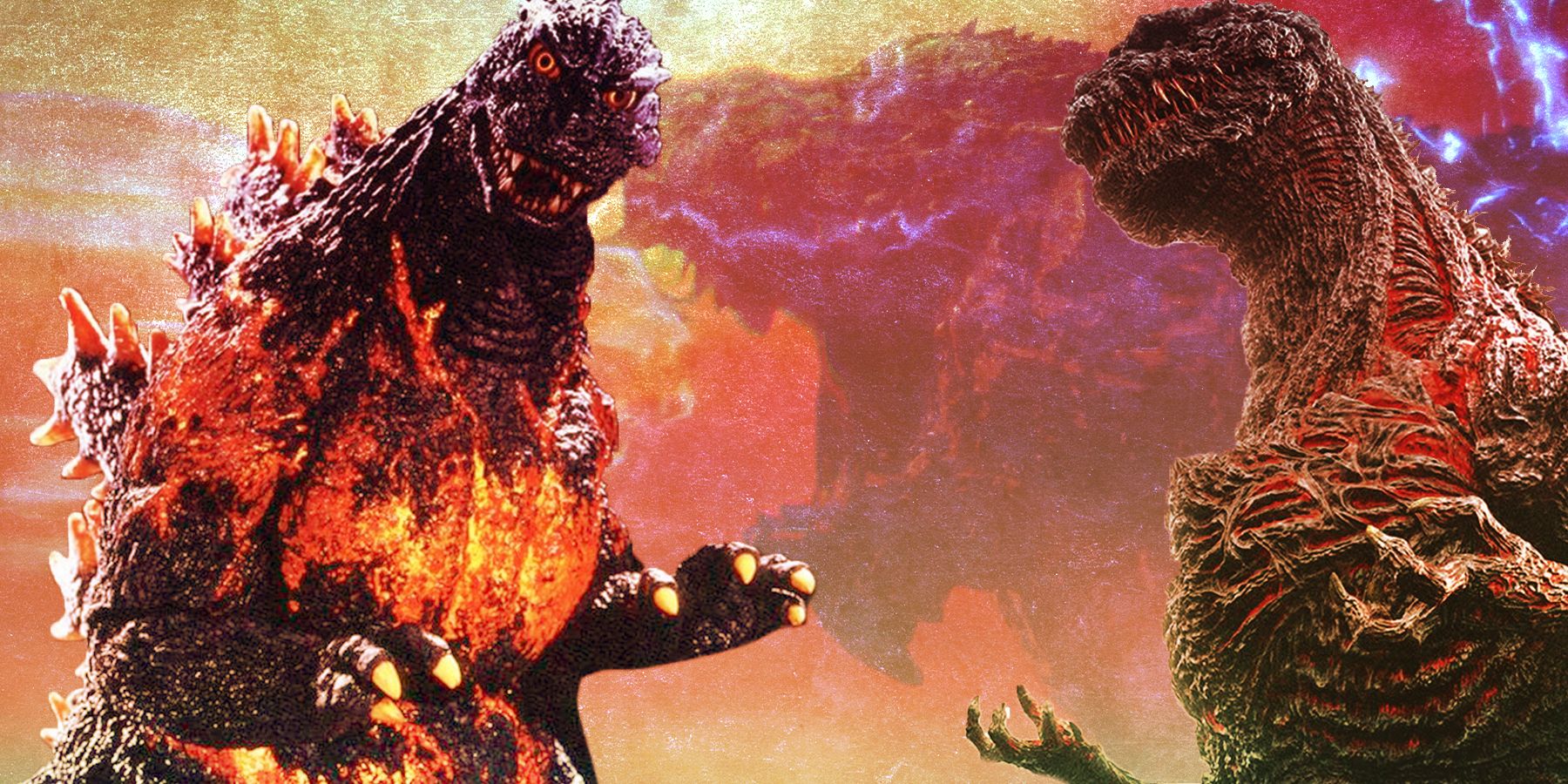 a collage of various versions of Godzilla against a faded orange background