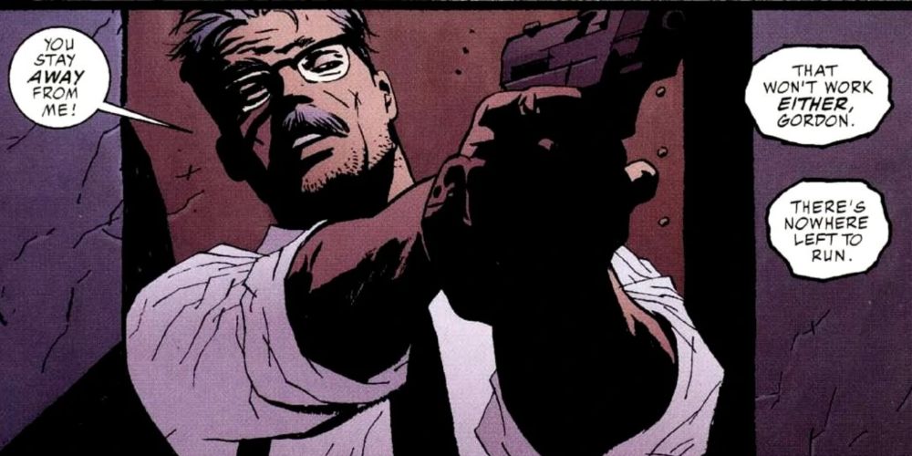 Gordon points a gun at a criminal in Gotham Noir