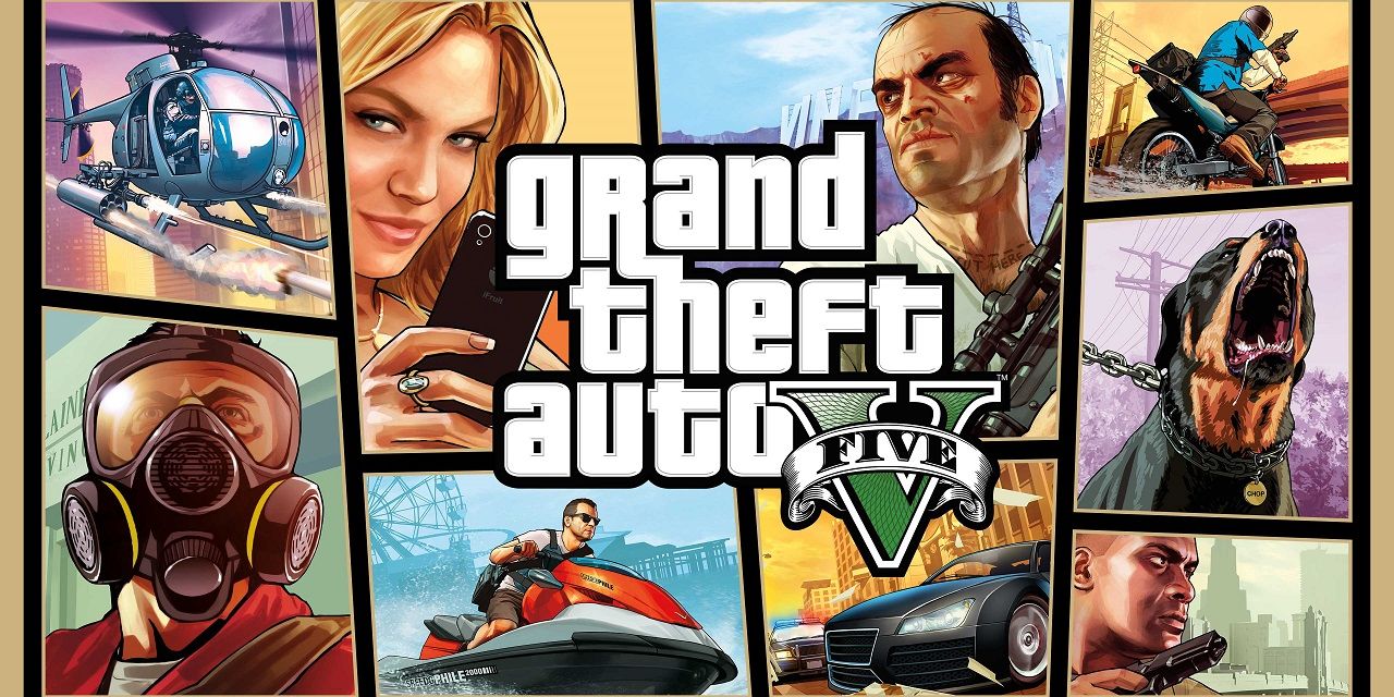 The cover art for Grand Theft Auto V featuring Michael, Franklin, Trevor, and Chomp.