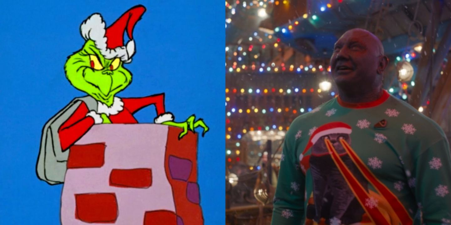 Seuss and Jones' Grinch and the MCU's Drax in a Christmas sweater