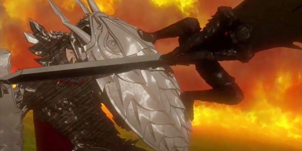 Grunbeld bloqueia o ataque de Guts em Berserk