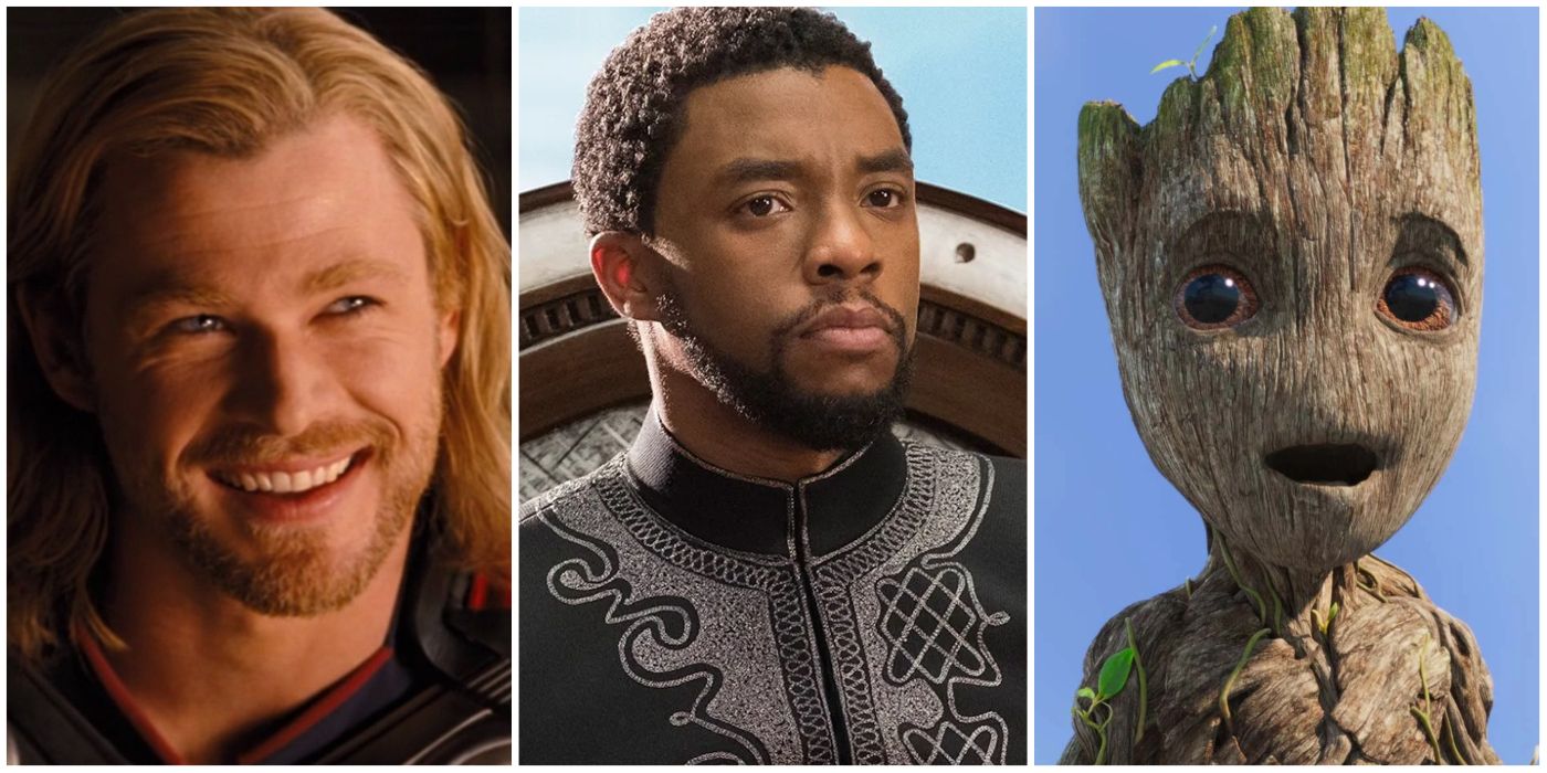 split image of thor t'challa groot from the MCU