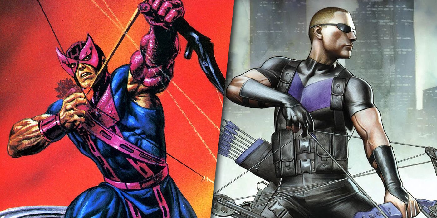 Hawkeye in his original and redesigned costumes