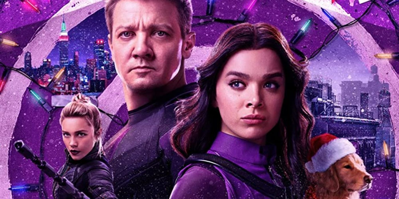 Hawkeye promotional art featuring Clint, Kate, Yelena and Pizza Dog