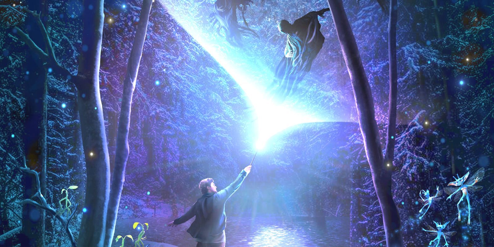 Harry Potter blasting expecto patronum at a dementor in the Forbidden Forest