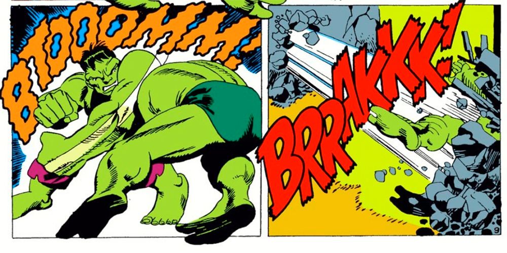 The Hulk punches Abomination through a mountain in Tales To Astonish #91