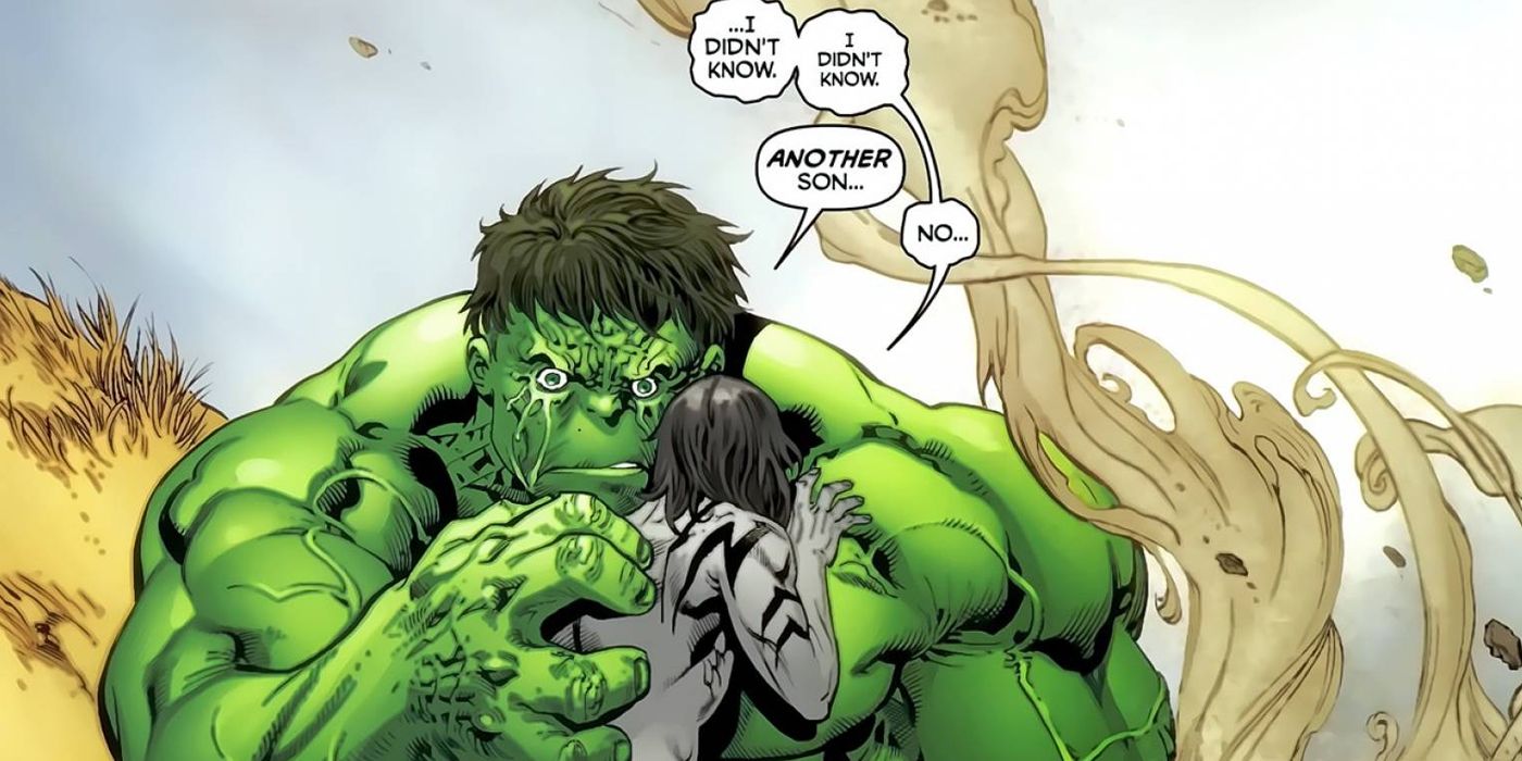 Hulk abraçando seu filho Skaar em forma humana