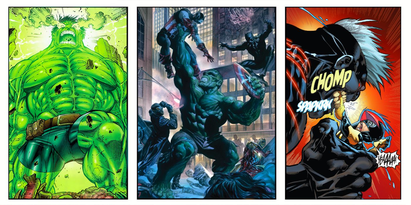 Collage of hulk fighting Armageddon, Nova, and the Avengers