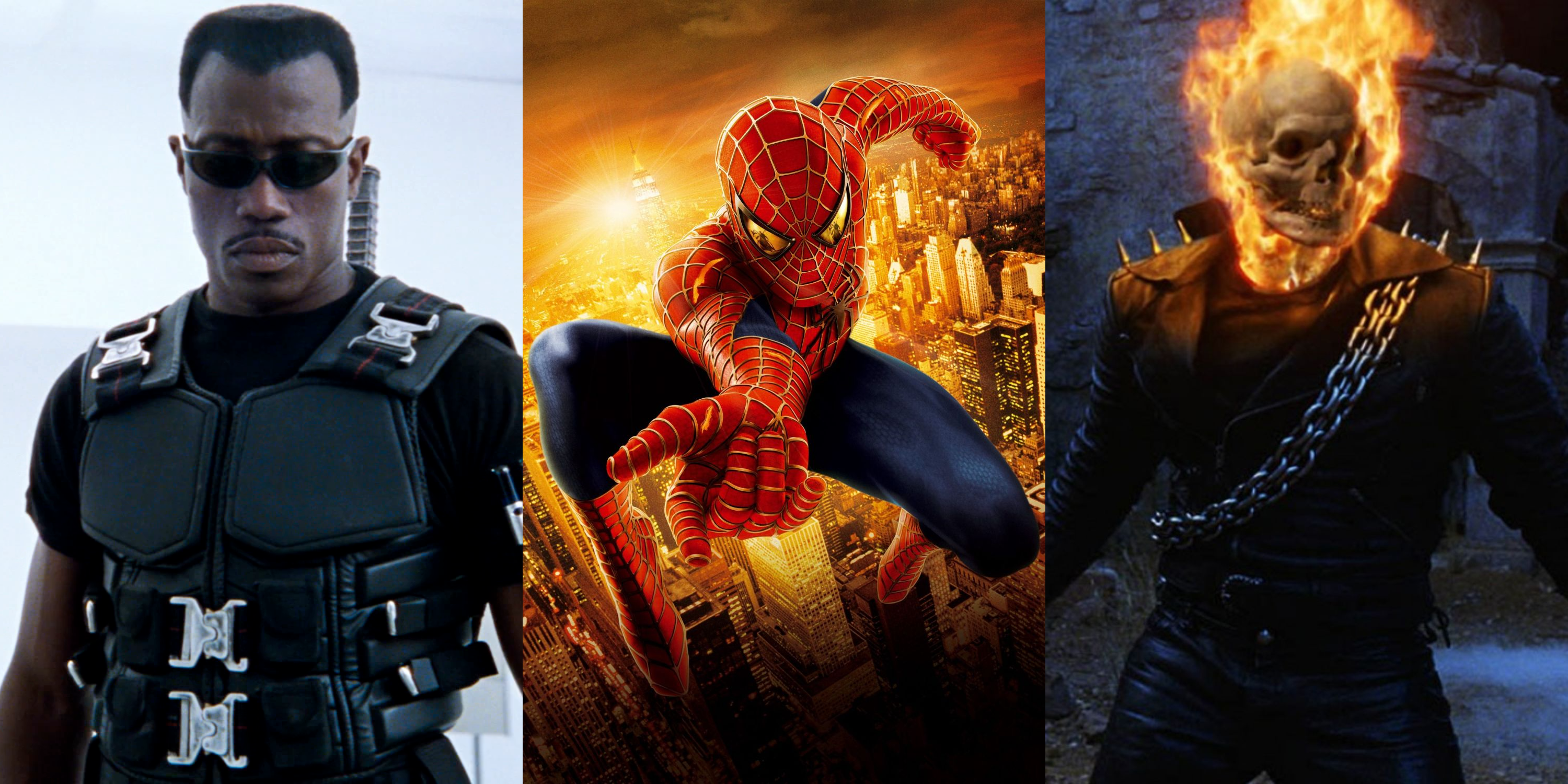 Marvel Movies Before The MCU Split Image, Featuring Blade, Spider-Man and Ghost Rider