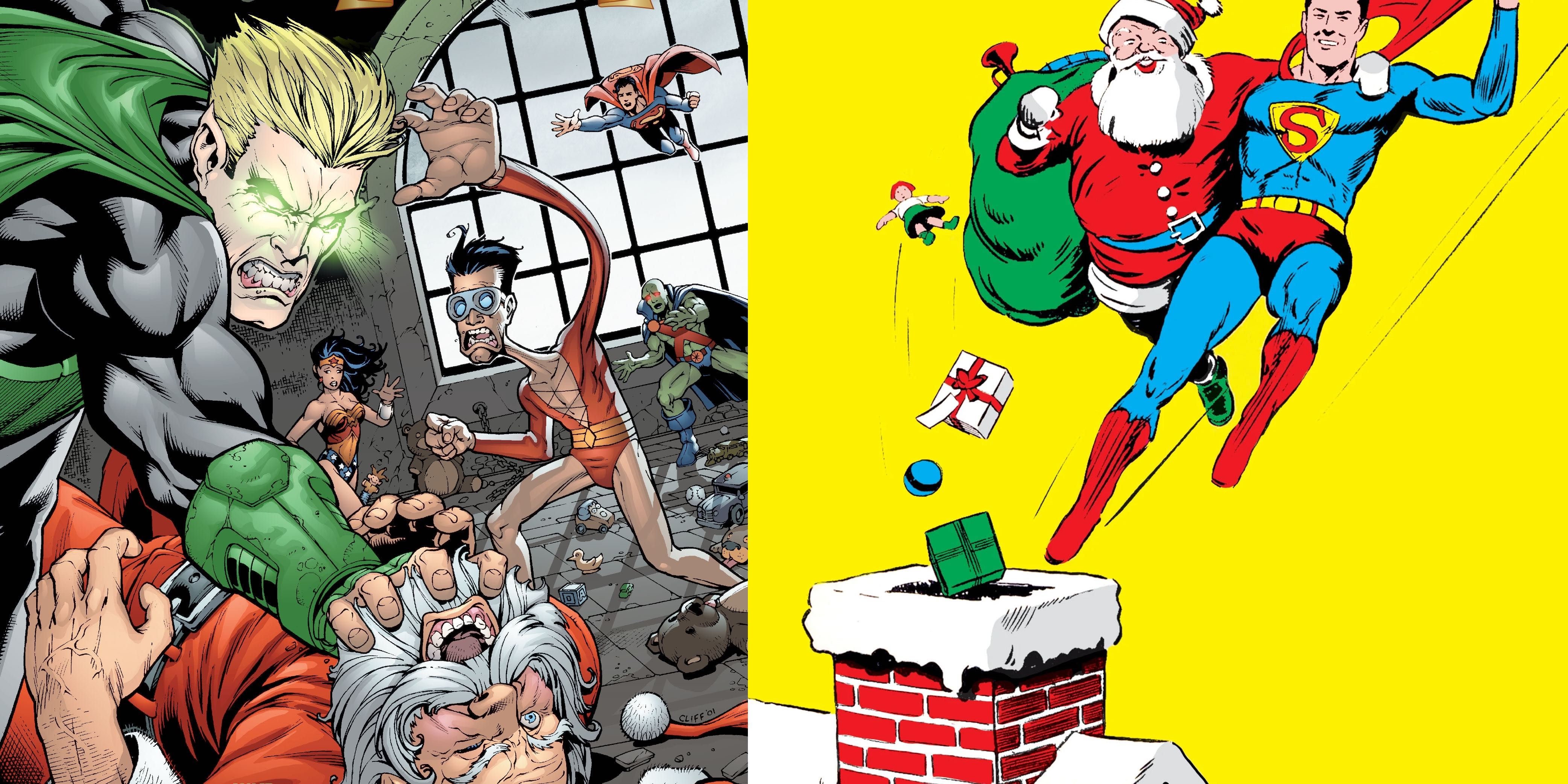 Split Image of Santa in mortal combat & Superman helping Santa deliver presents in DC Comics