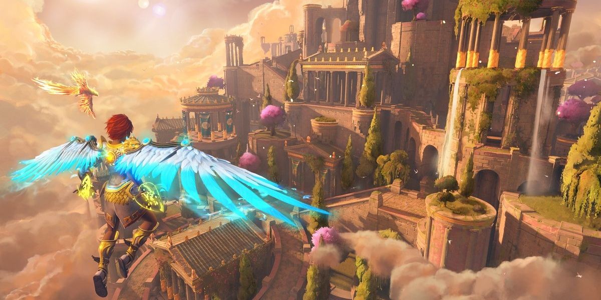 Fenyx flies towards a city in the Immortals: Fenyx Rising game