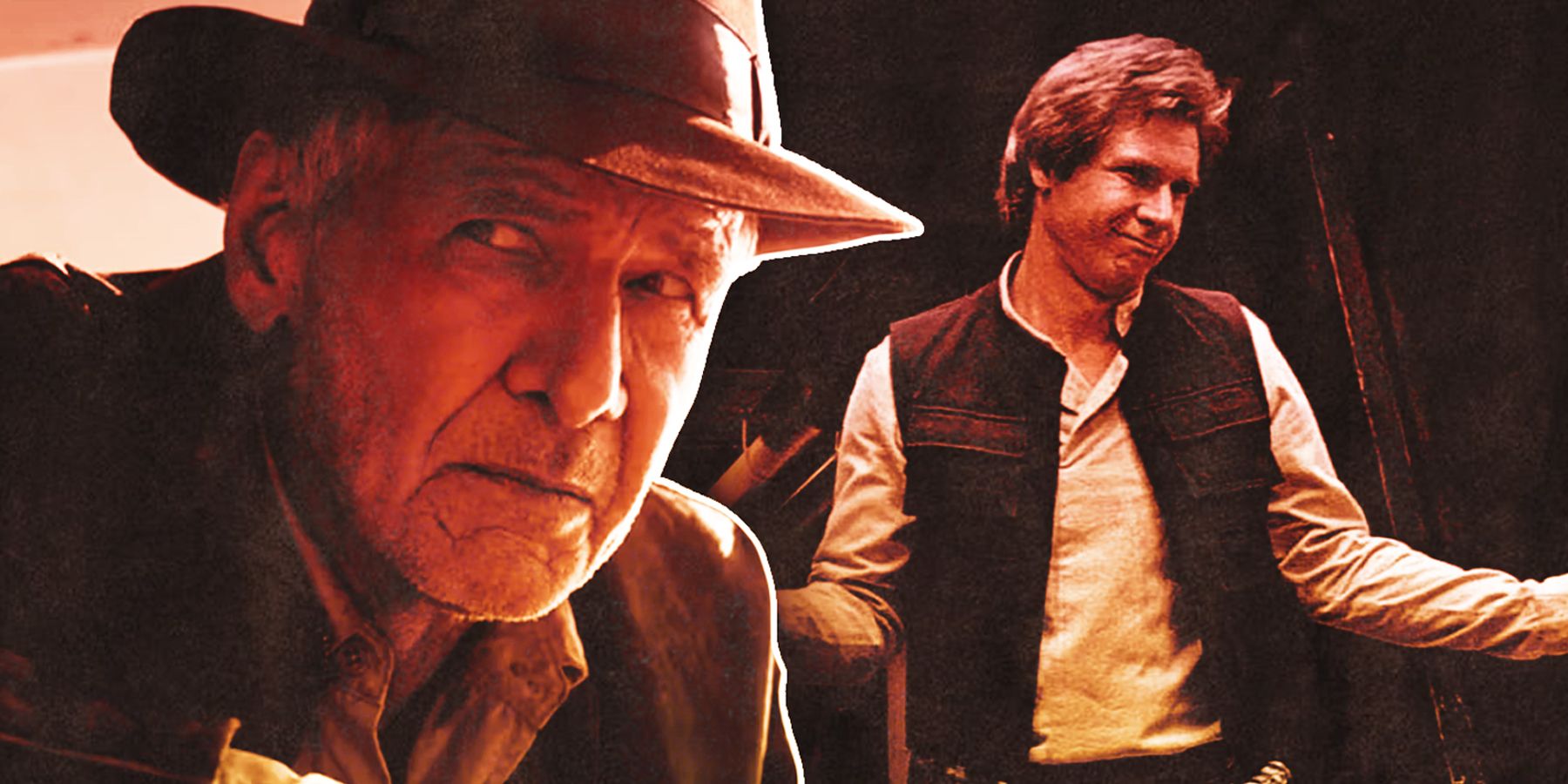 Aged Indiana Jones on the left with young Han Solo shrugging on the right