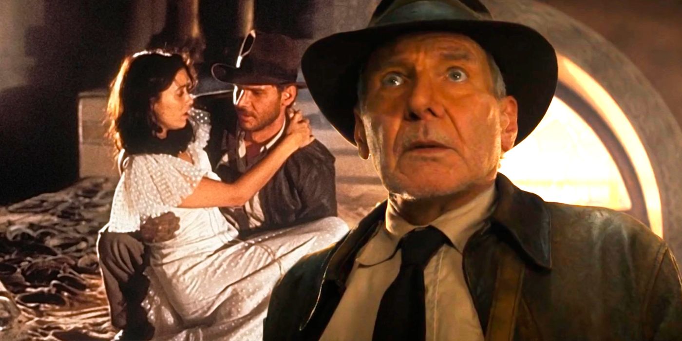 Raiders of the Lost Ark's Indiana Jones holding Marion Ravenwood next to Dial of Destiny's Indy.