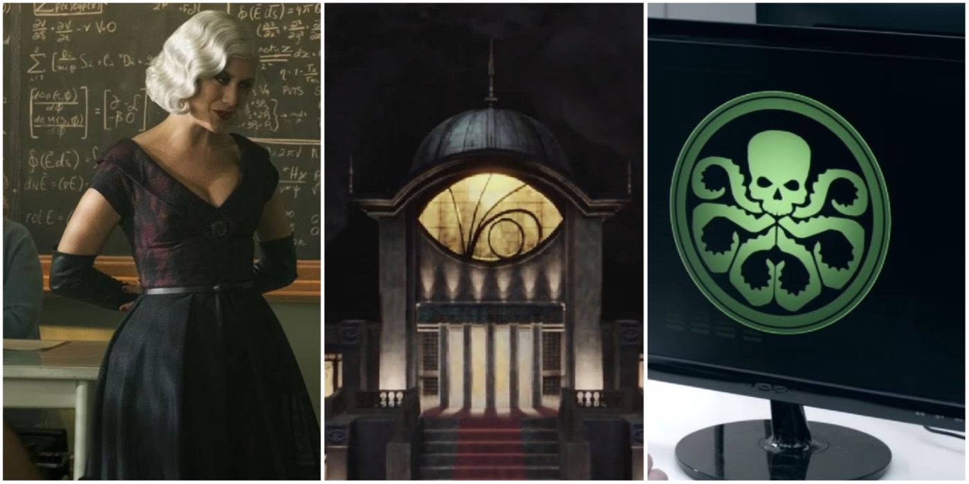 A split image showing the Handler from Umbrella Academy, the VFD Headquarters in A Series of Unfortunate events, and HYDRA's symbol in Agents of SHIELD