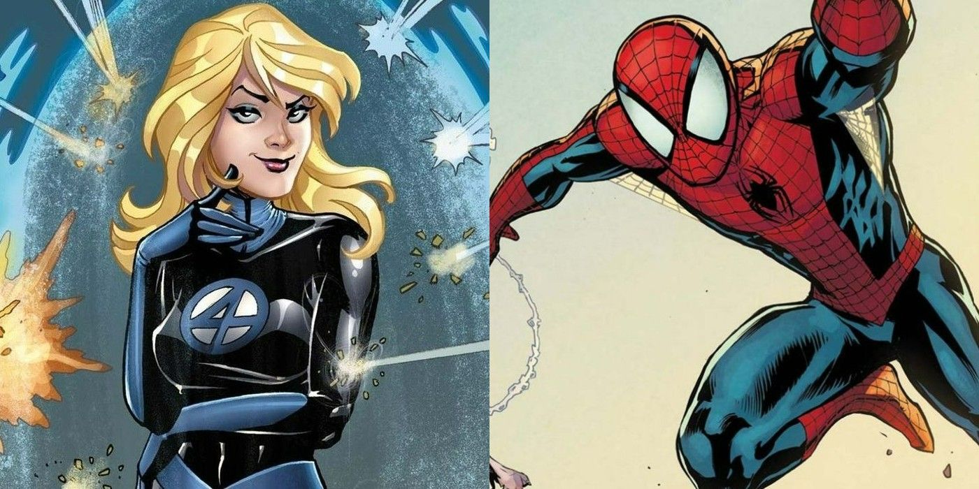 A split image of Invisible Woman and Spider-Man from Marvel Comics