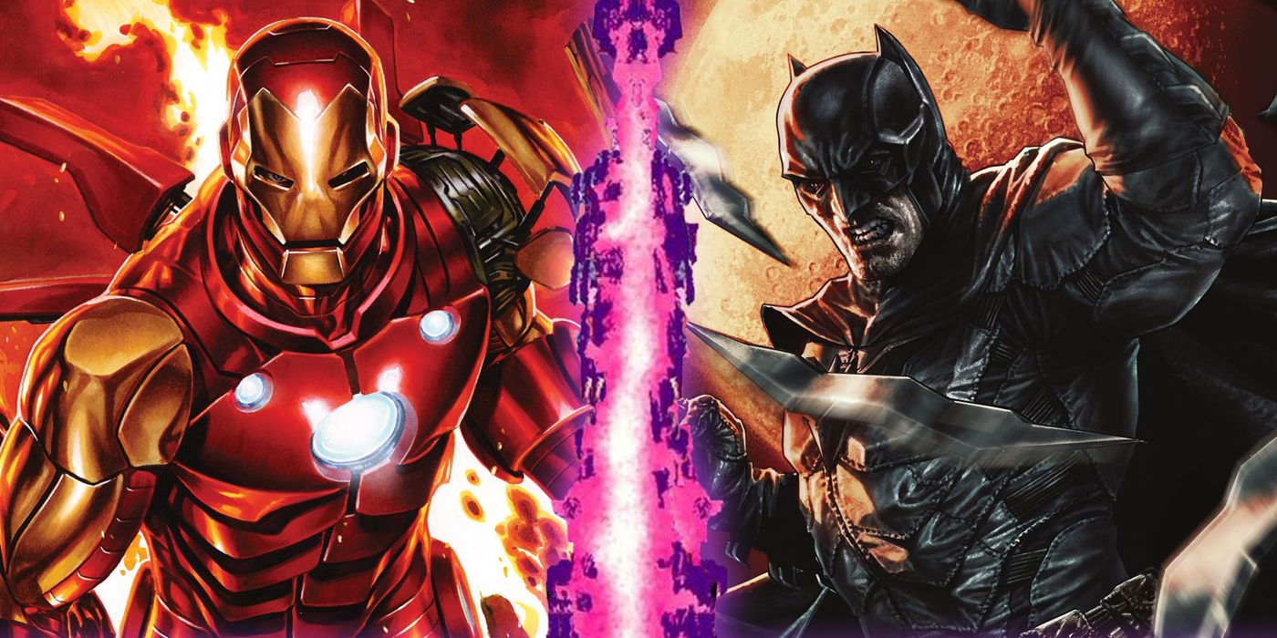 Iron Man and Batman separated by the Marvel vs DC border