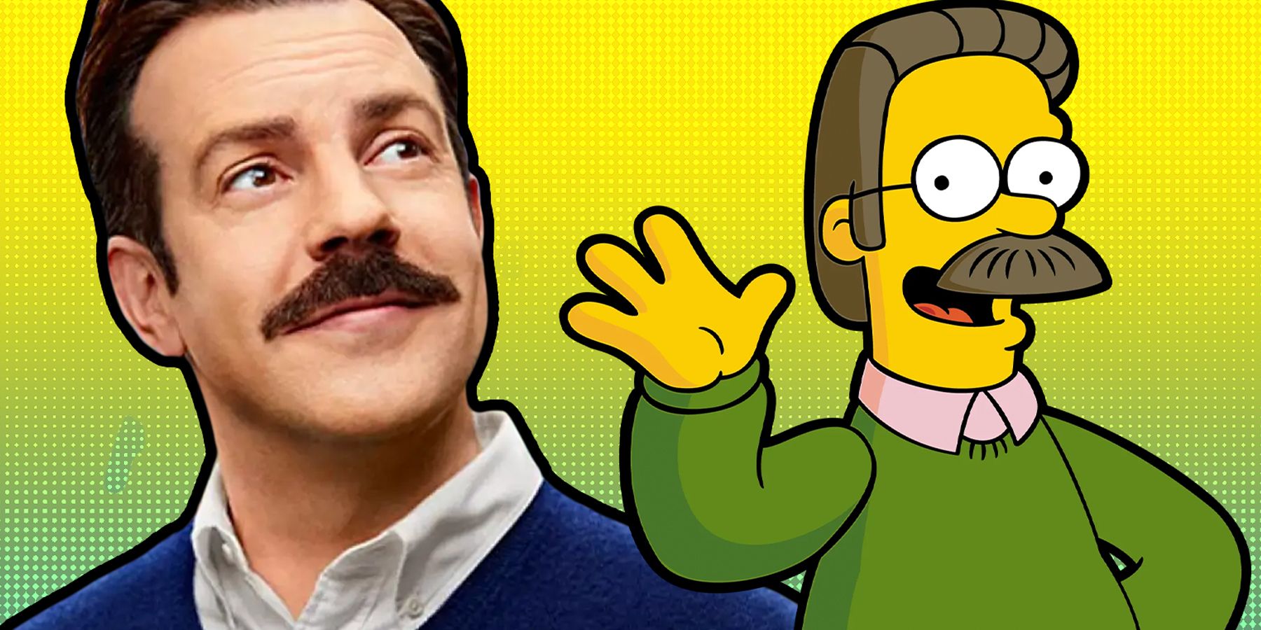 Ted Lasso against a green screen beside The Simpsons' Ned Flanders.