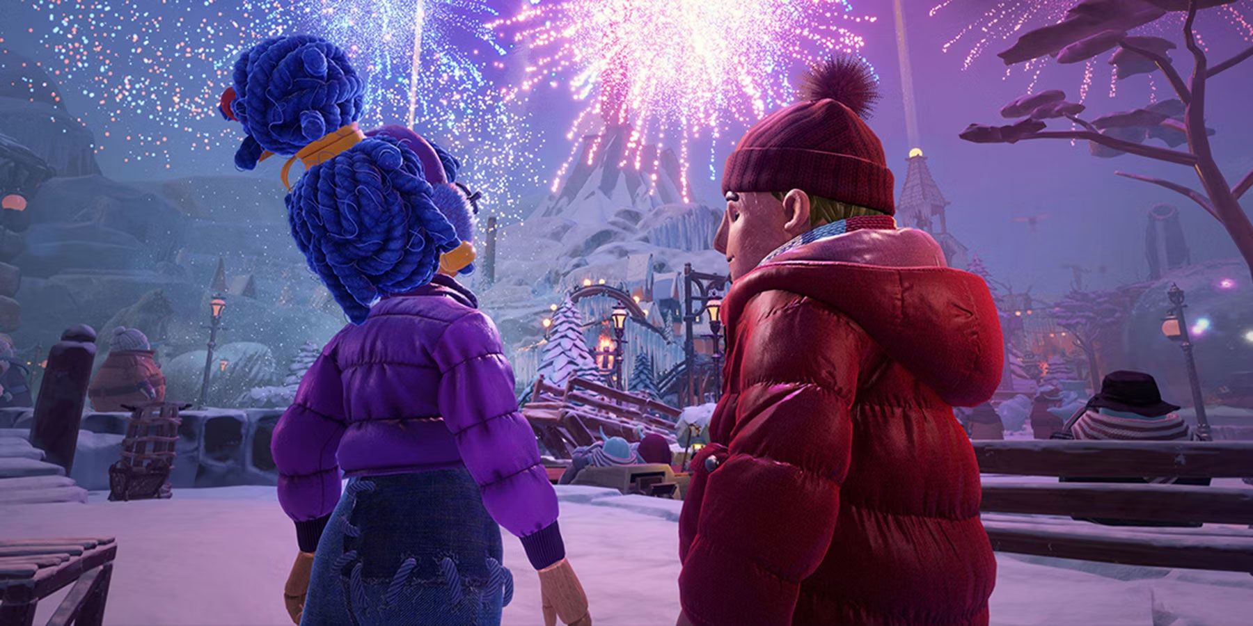 São necessários dois personagens May (esquerda) e Cody (direita) admirando fogos de artifício em um nível de neve.