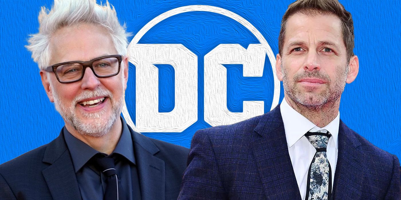 Blended images of James Gunn Zack Snyder in front of the DC logo