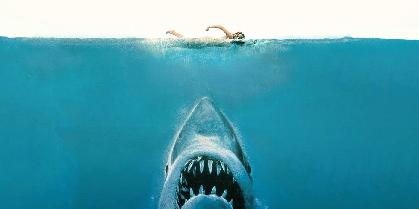 A woman swimming above a shark on the iconic Jaws poster