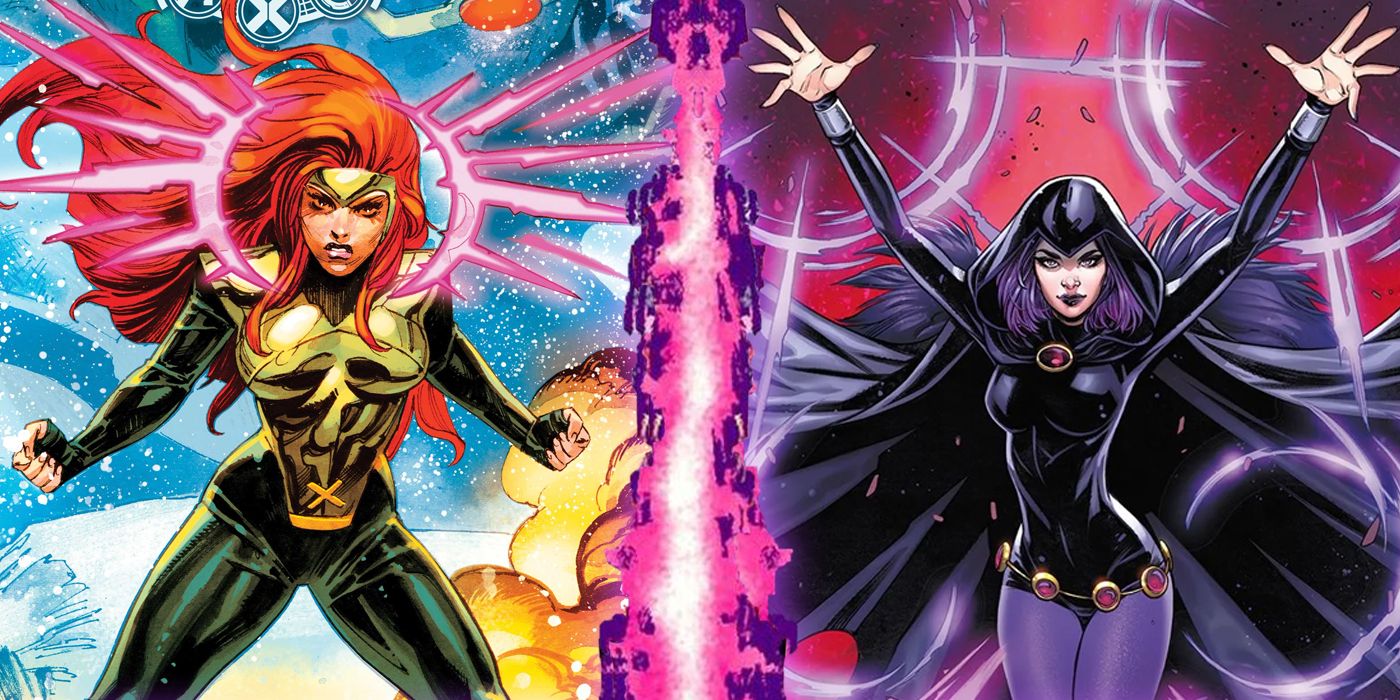 Jean Grey and Raven separated by the Marvel vs DC border