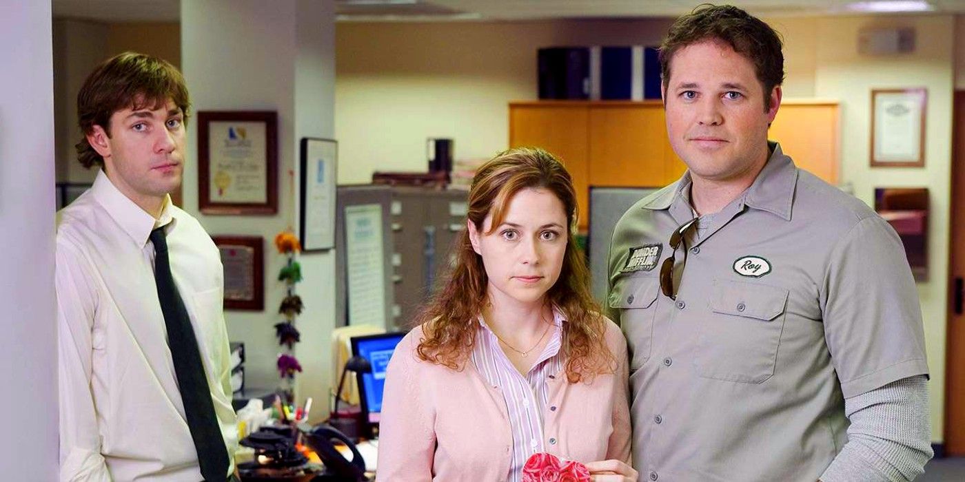 Jim, Pam, and Roy standing together in The Office