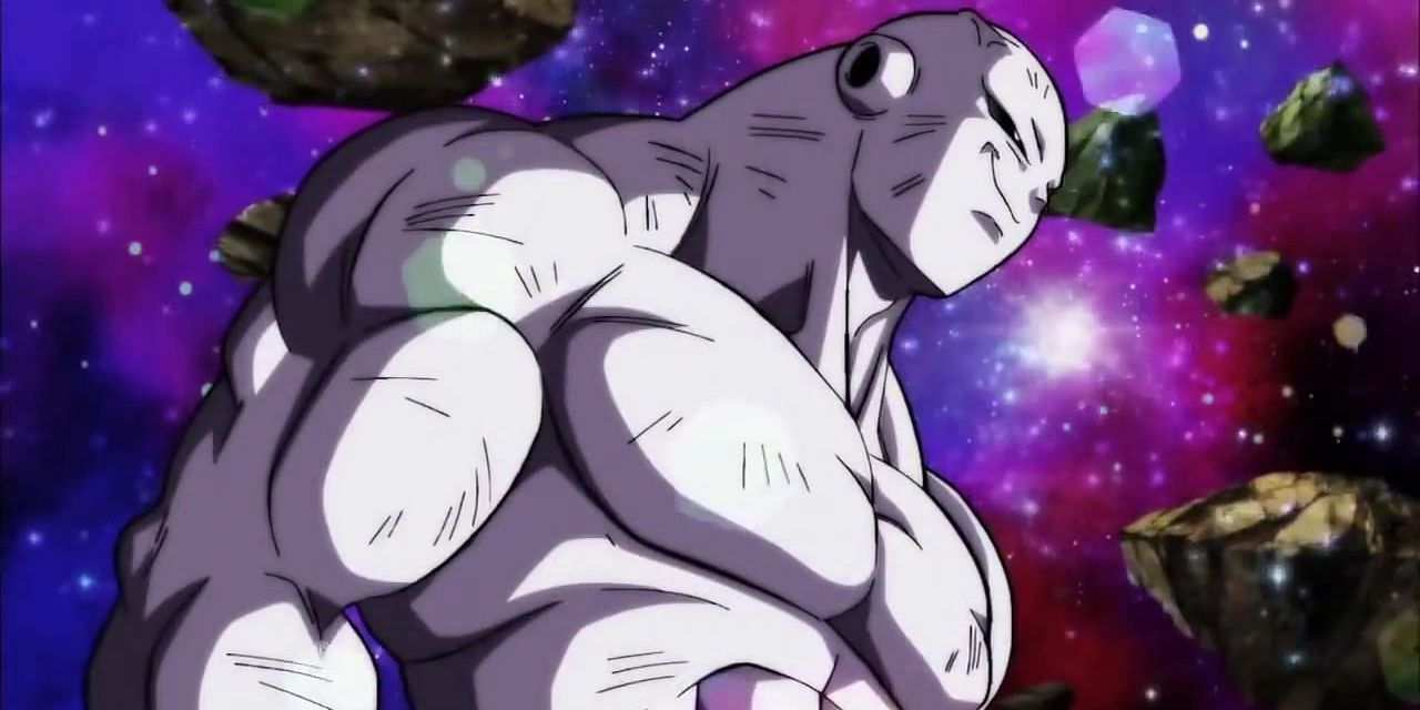 Jiren smiling before entering the final clash with Goku, Frieza, and Android 17 in Dragon Ball Super