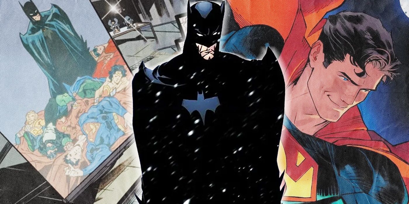 Batman in front of a fractured collage of fallen heroes in DC Comics