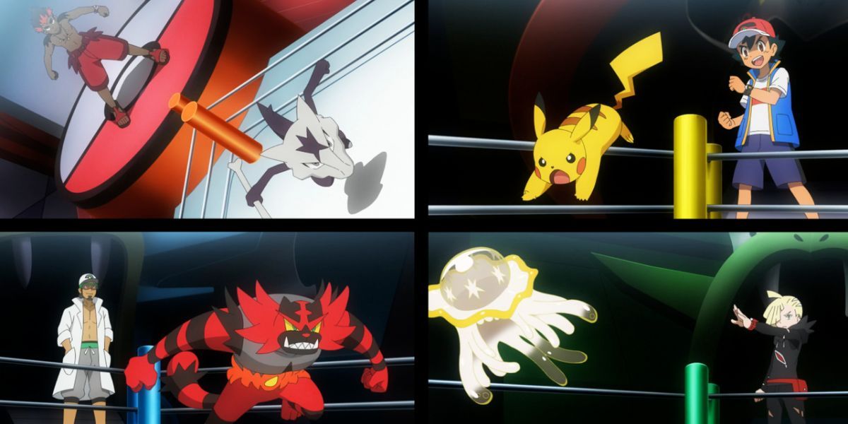 Shot of Kiawe's Marowak, Ash's Pikachu, Kukui's Incineroar, and Gladion's Nihilego (Lillie) participating in a Battle Royal in Episode 112 of Pokémon Journeys.