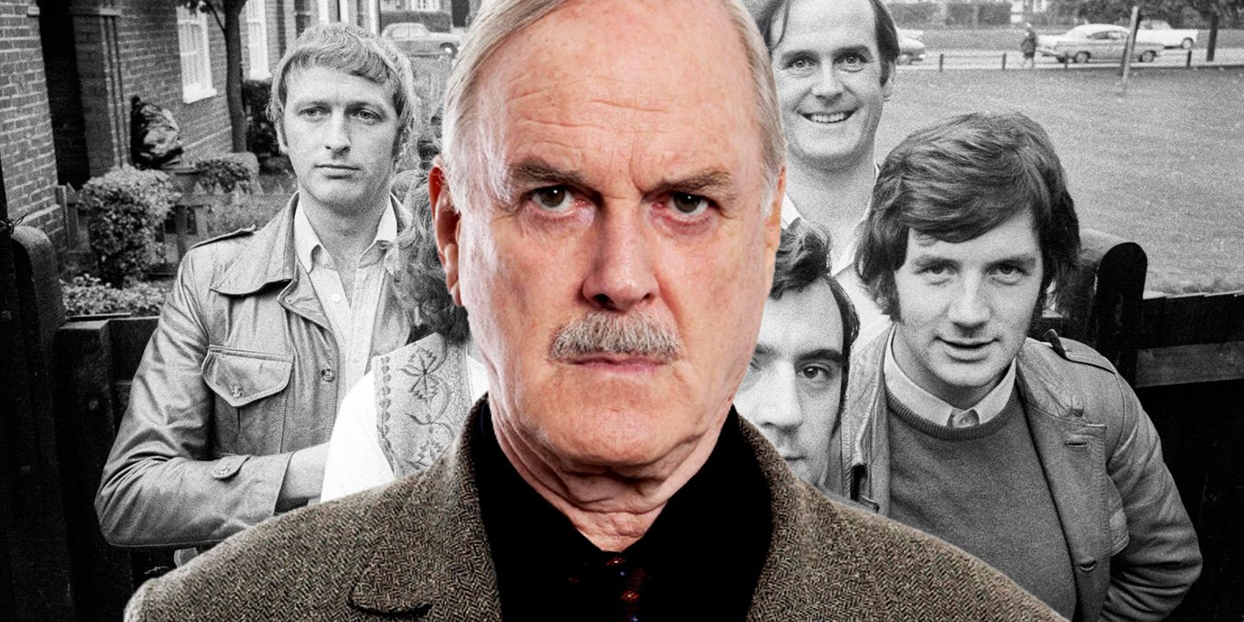 A coloured photo of modern John Cleese overlayed an older black and white photo showing a younger Cleese and the other members of his troupe, including Graham Chapman, Sir Michael Palin and Terry Jones.