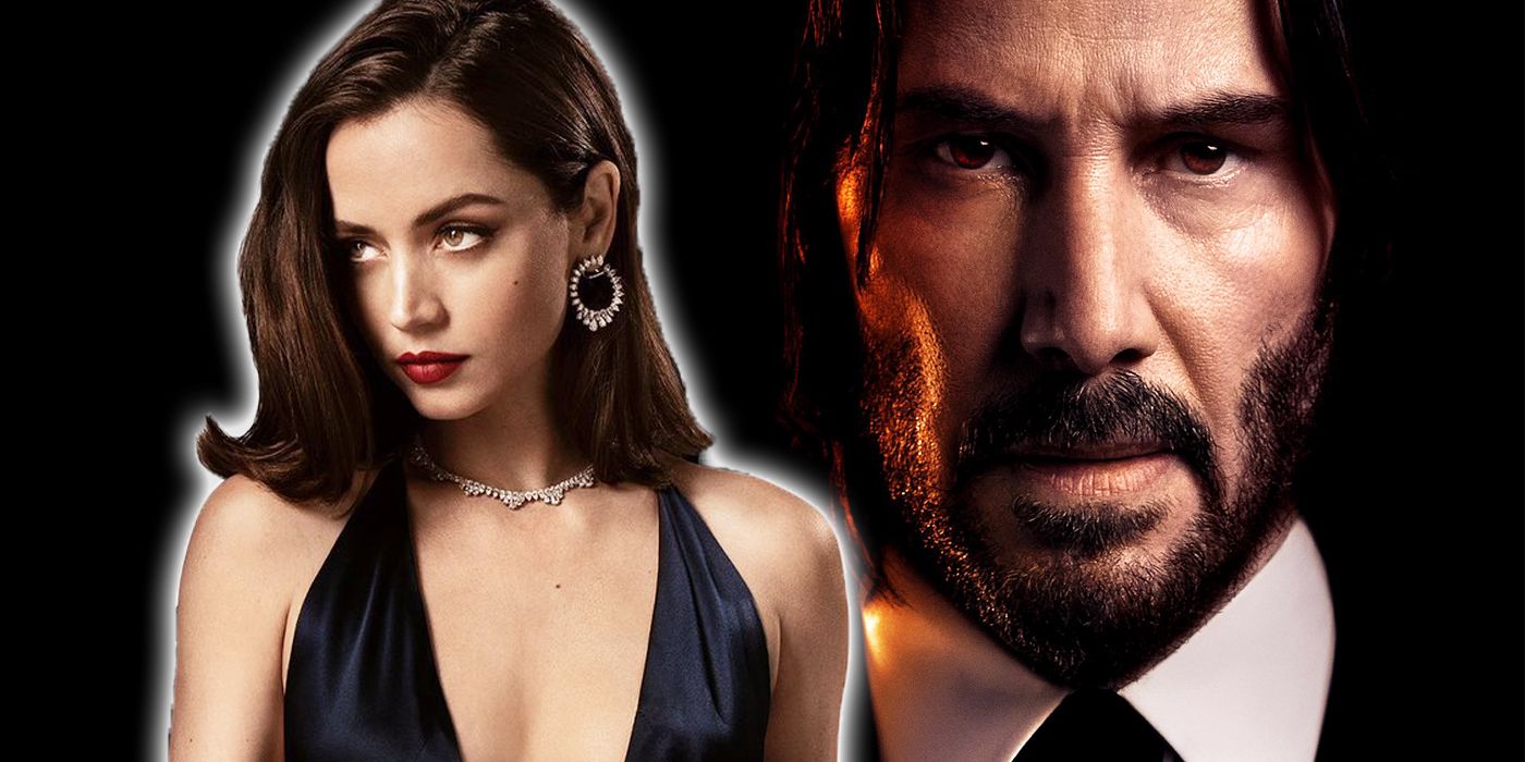 John Wick detrás de Ana De Armas mirando intensamente. 