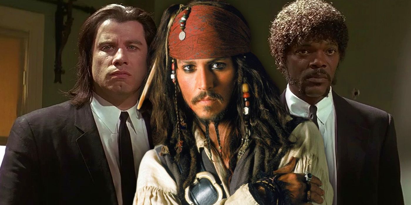 Johnny Depp as Jack Sparrow in front of John Travolta and Samuel L. Jackson in Pulp Fiction.