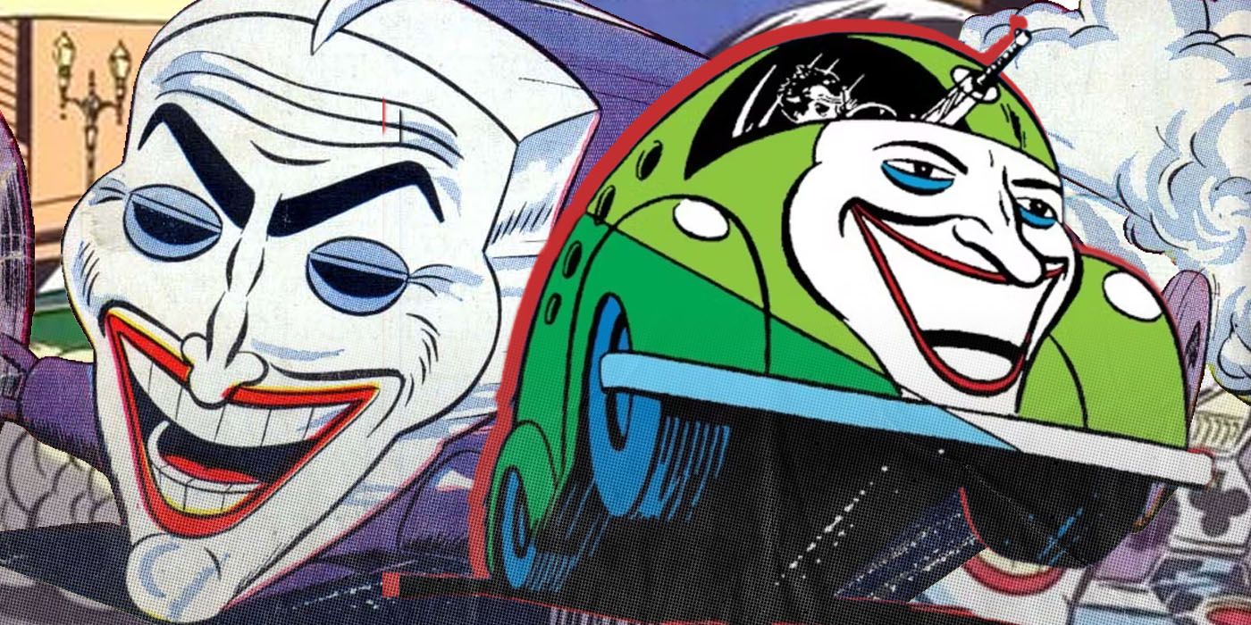 The Joker's face next to the Joker Mobile.