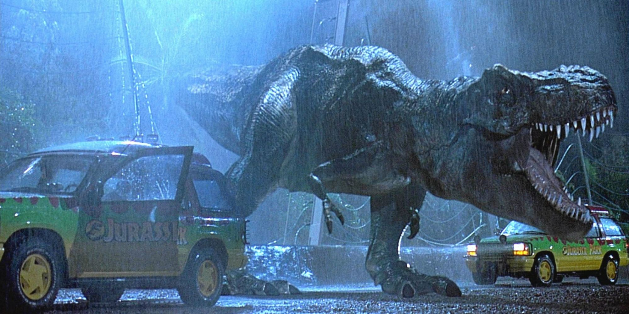 The T-rex rampages in Spielberg's Jurassic Park
