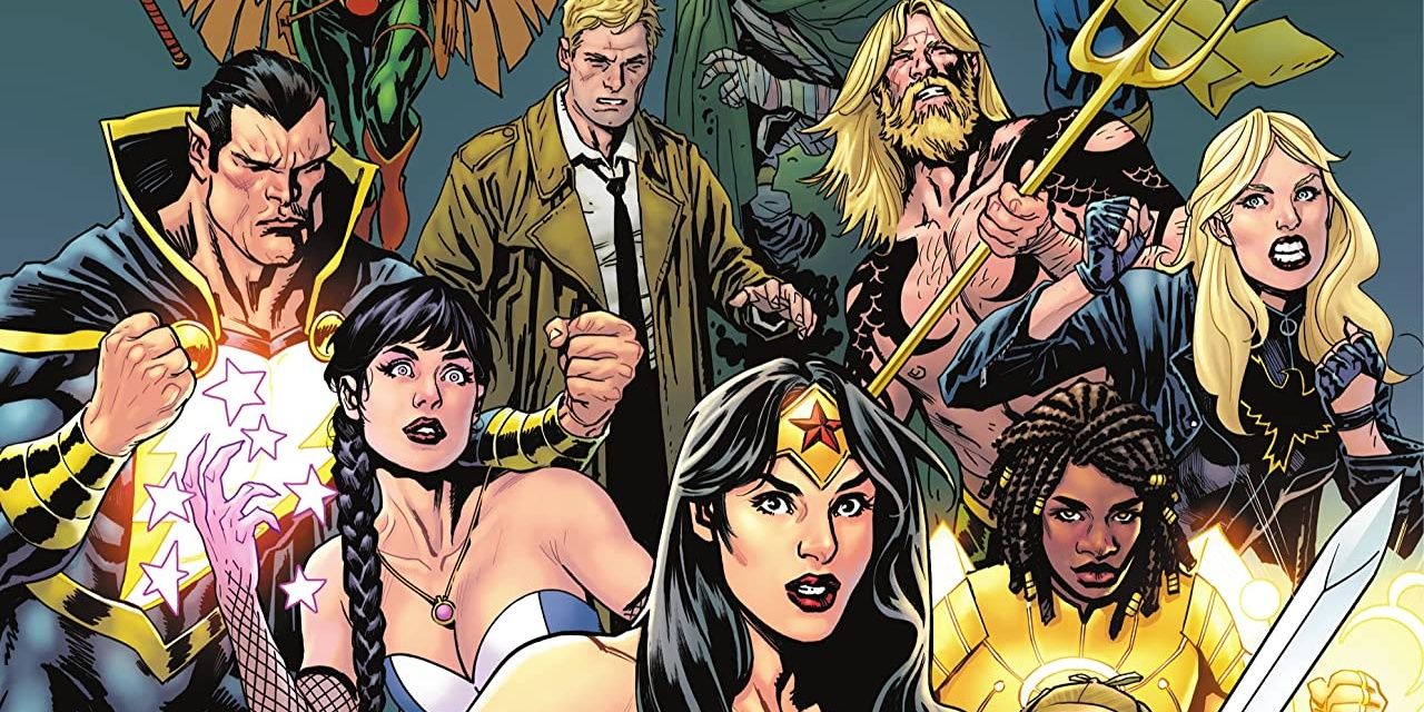 The cover to Justice League #72 from DC Comics, featuring Black Adam, Zatanna, John Constantine, Aquaman, Black Canary, Naomi, and Wonder Woman