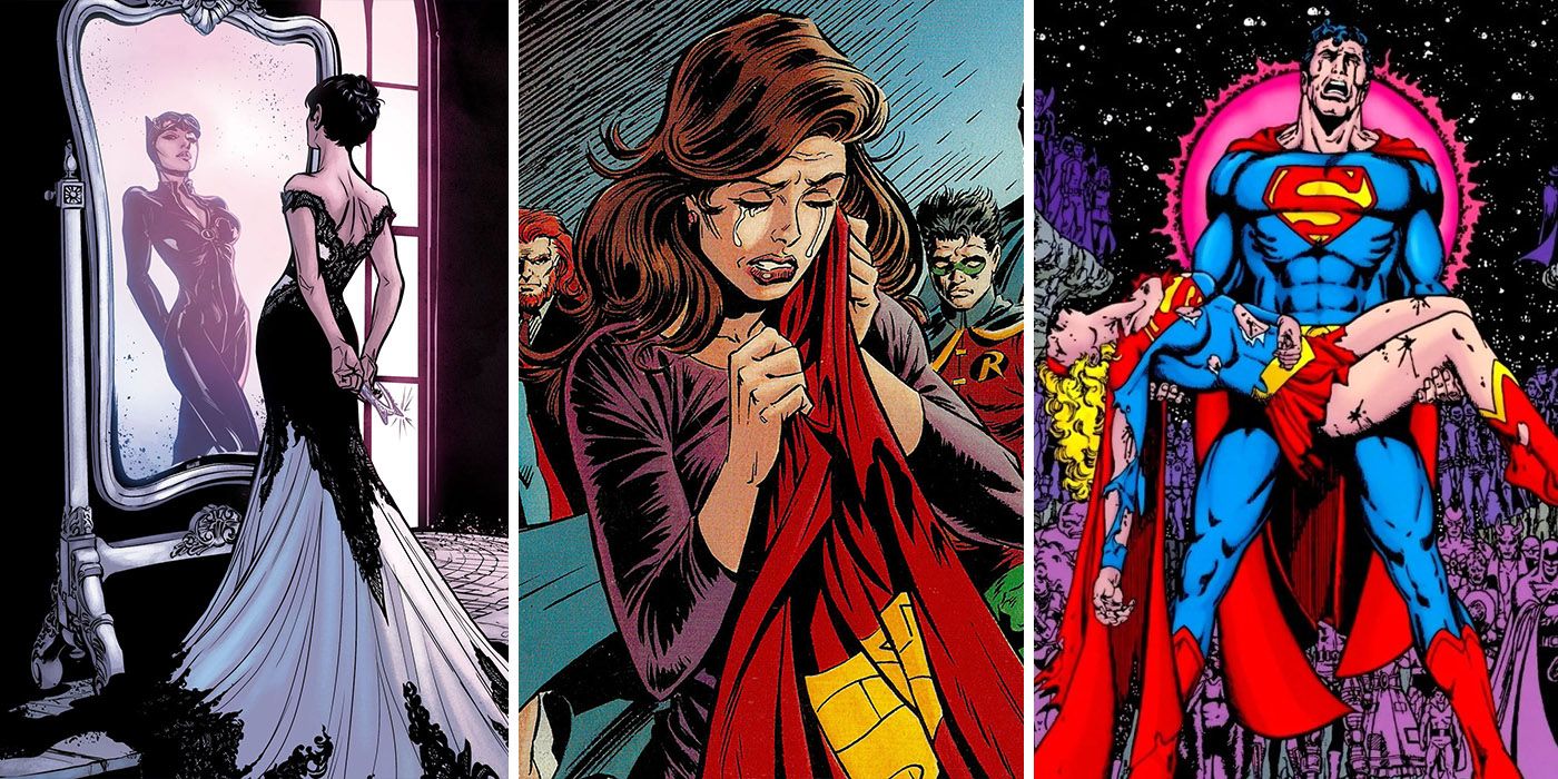 split image of Catwoman in her wedding dress and the death of Superman and Supergirl