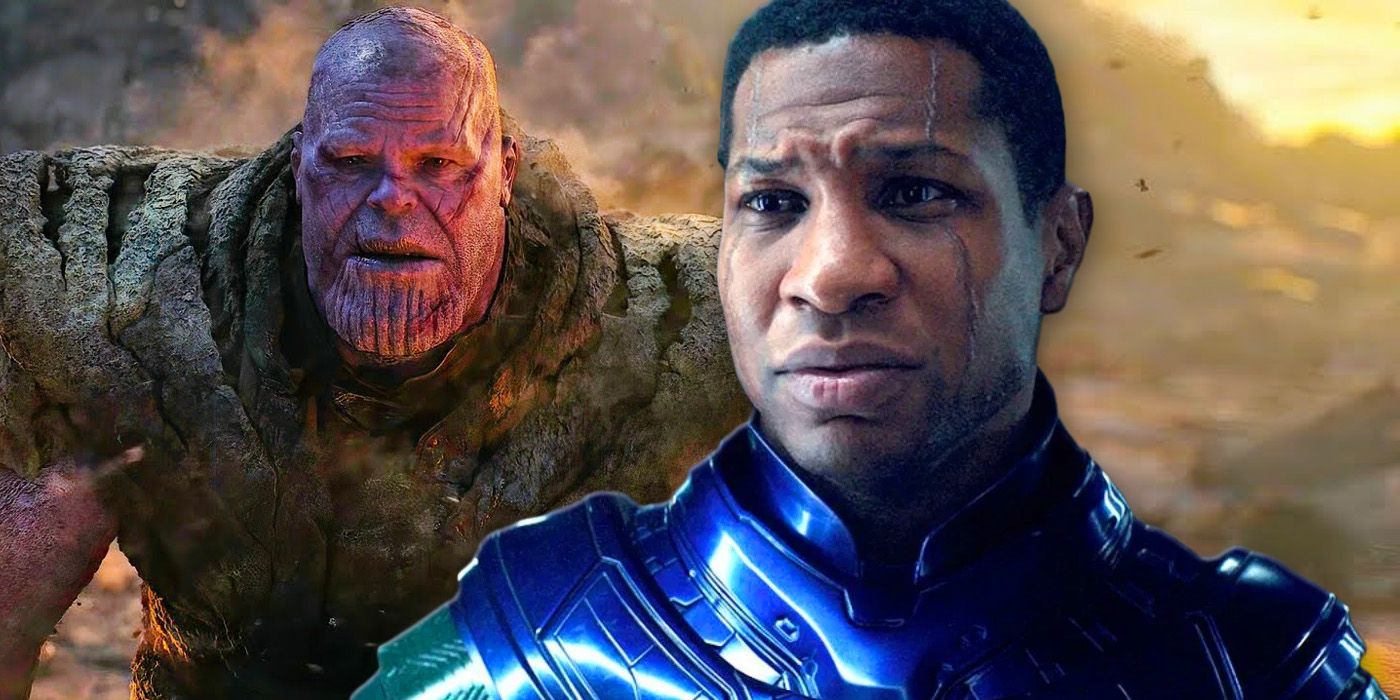 Jonathan Majors's Kang in Ant-Man 3 in front of Josh Brolin's dusting Thanos Avengers: Endgame.