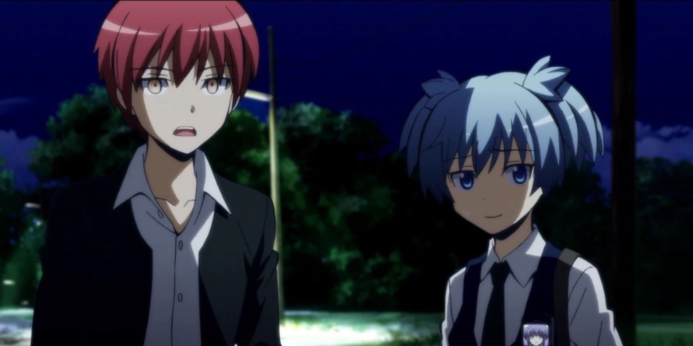 Karma Akabane and Nagisa Shiota looking surprised in Assassination Classroom.