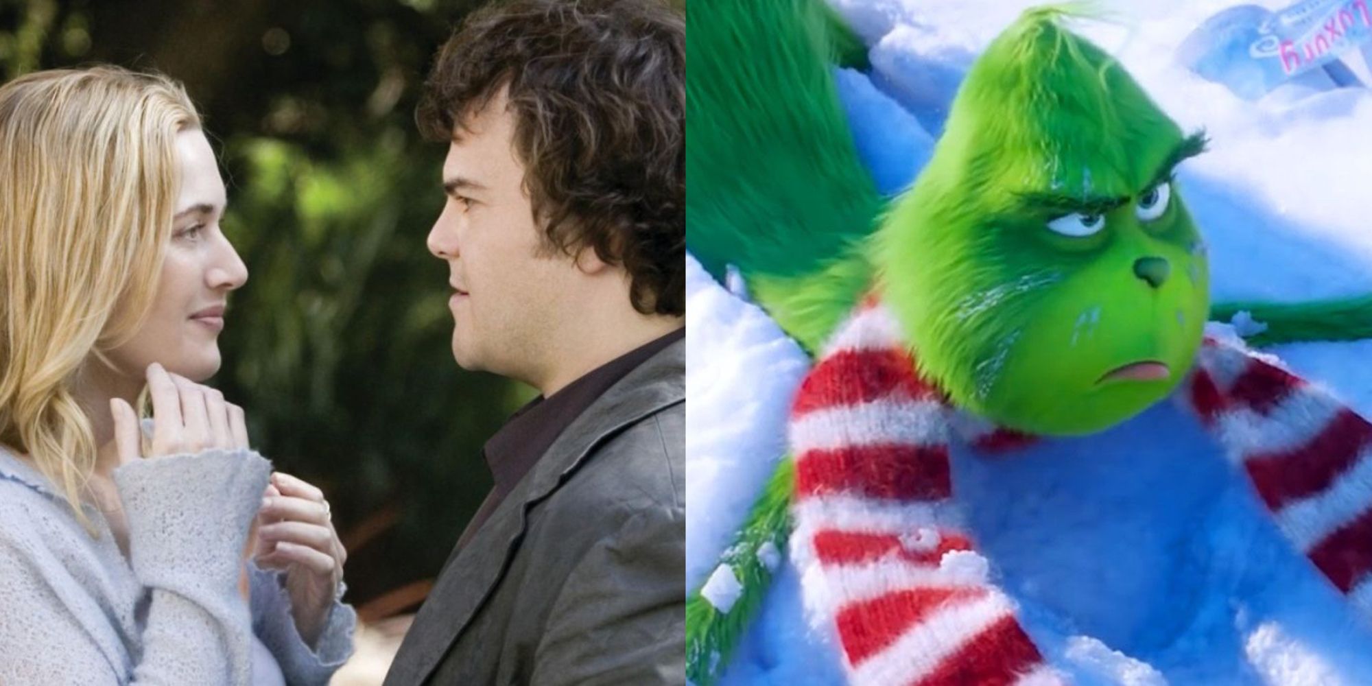 kate winslet and jack black in the holiday next to the grinch animated version