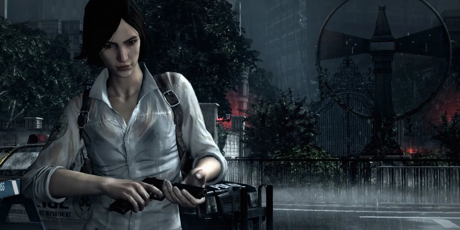 Juli Kidman standing in front of Beacon Hospital in The Evil Within DLC.