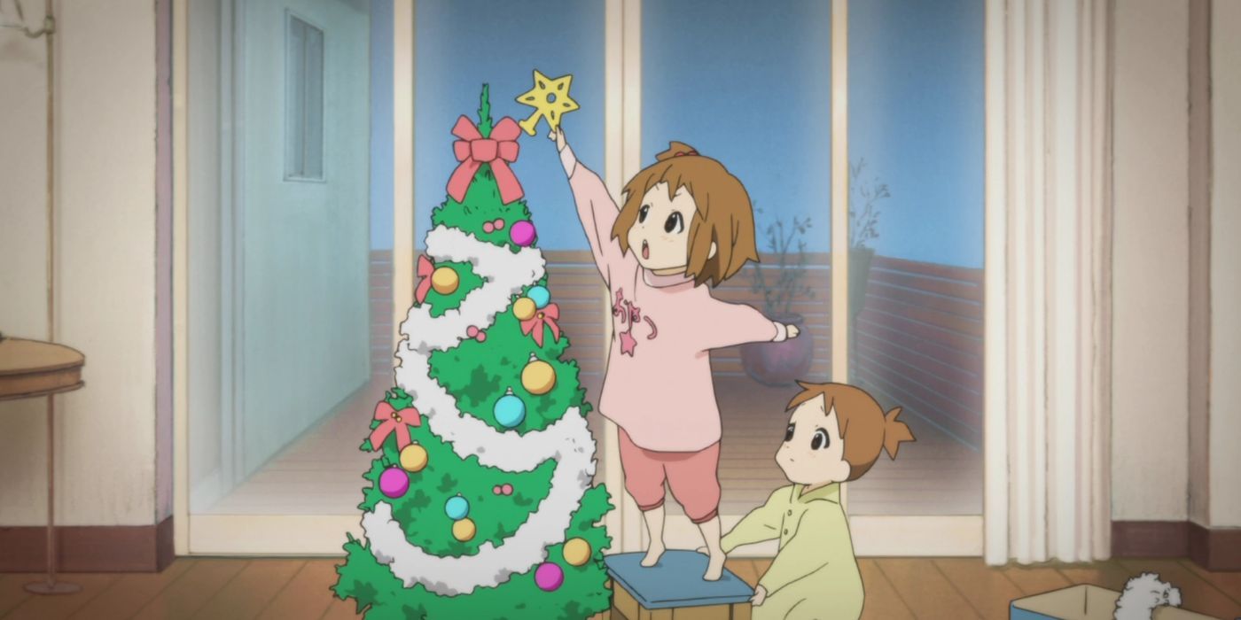 Kids in K-On! putting a star on their Christmas Tree.