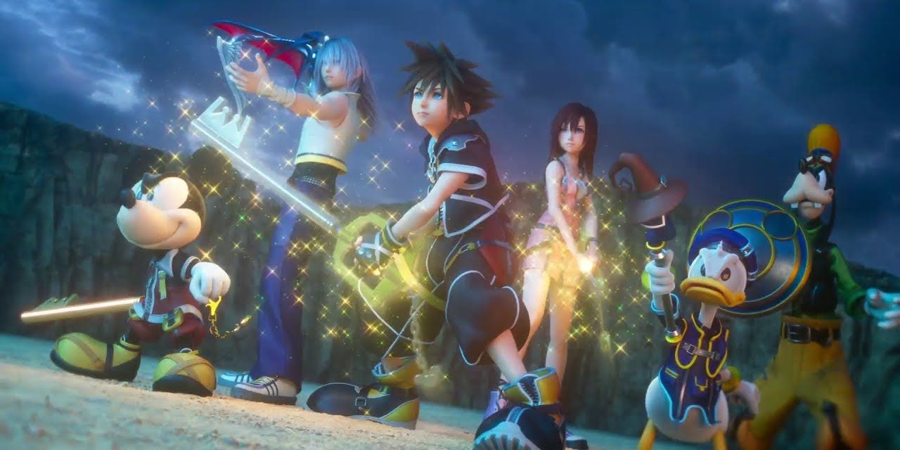 King Mickey, Riku, Sora, Kairi, Donald, and Goofy prepare for battle during the opening for Kingdom Hearts III
